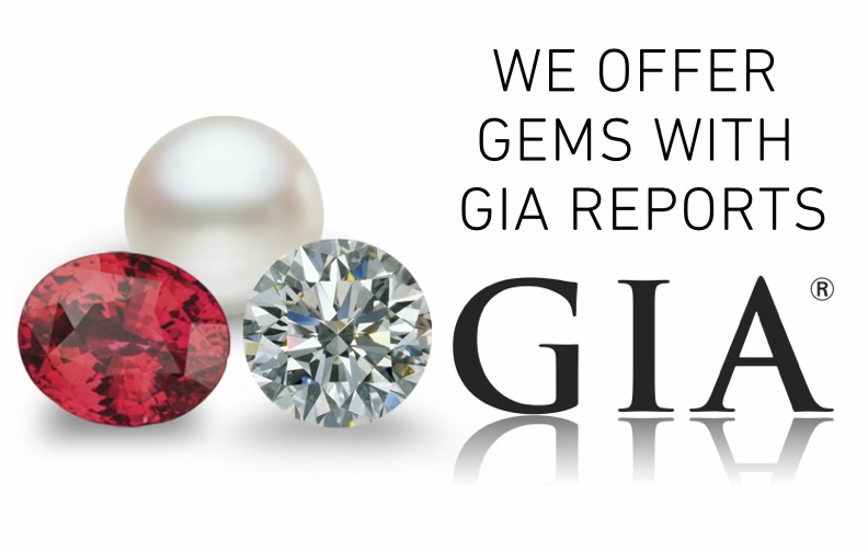 Gemstones and pearl with the message: We offer gems with GIA reports